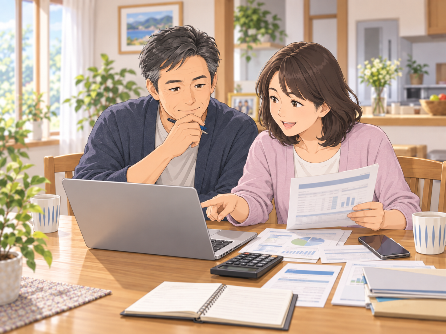 パソコンと資料を使って年金額や老後資金を確認する50代夫婦