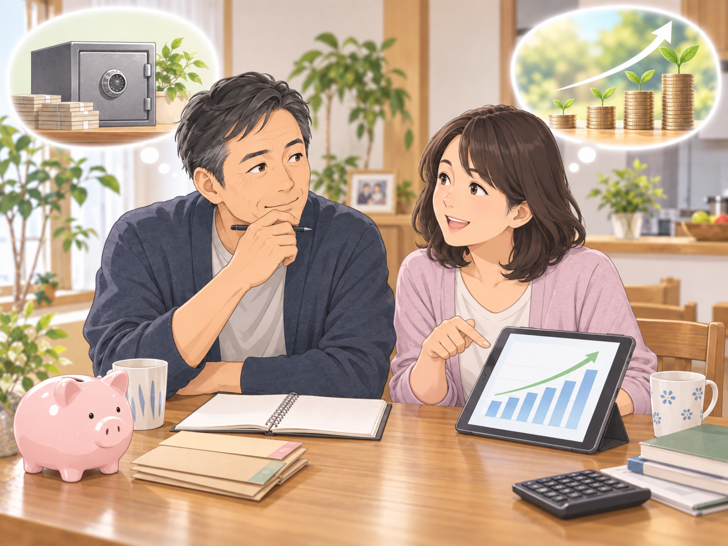 貯金と長期投資のバランスについて話し合う50代夫婦
