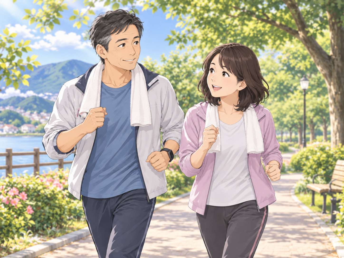 公園でウォーキングを楽しむ50代夫婦