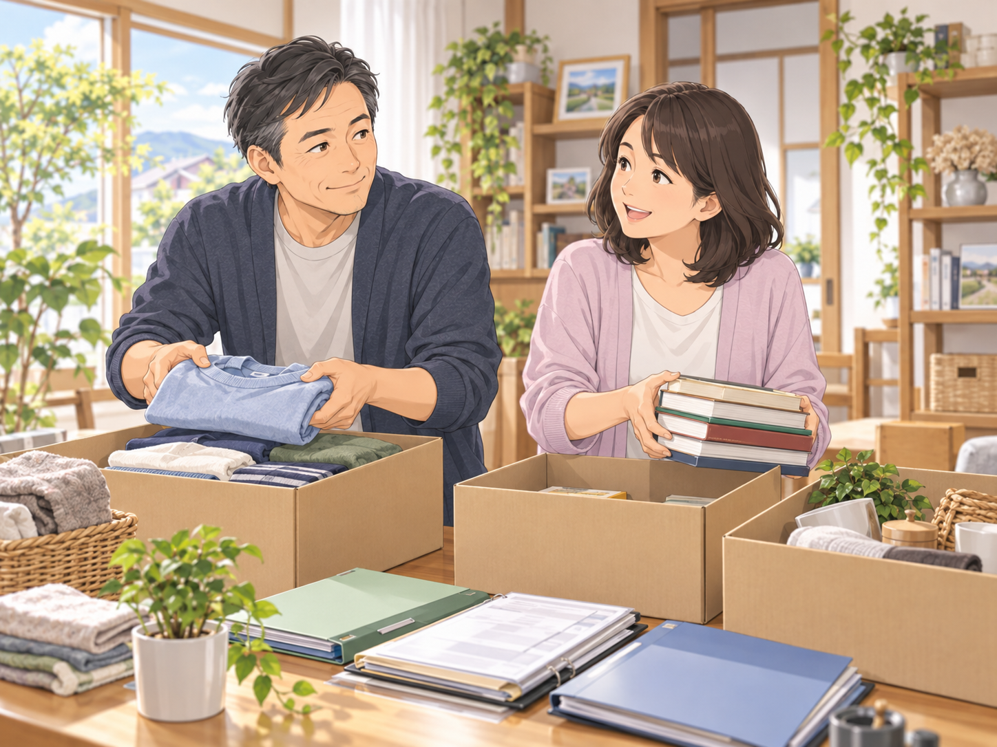 衣類や本、重要書類を整理している50代夫婦