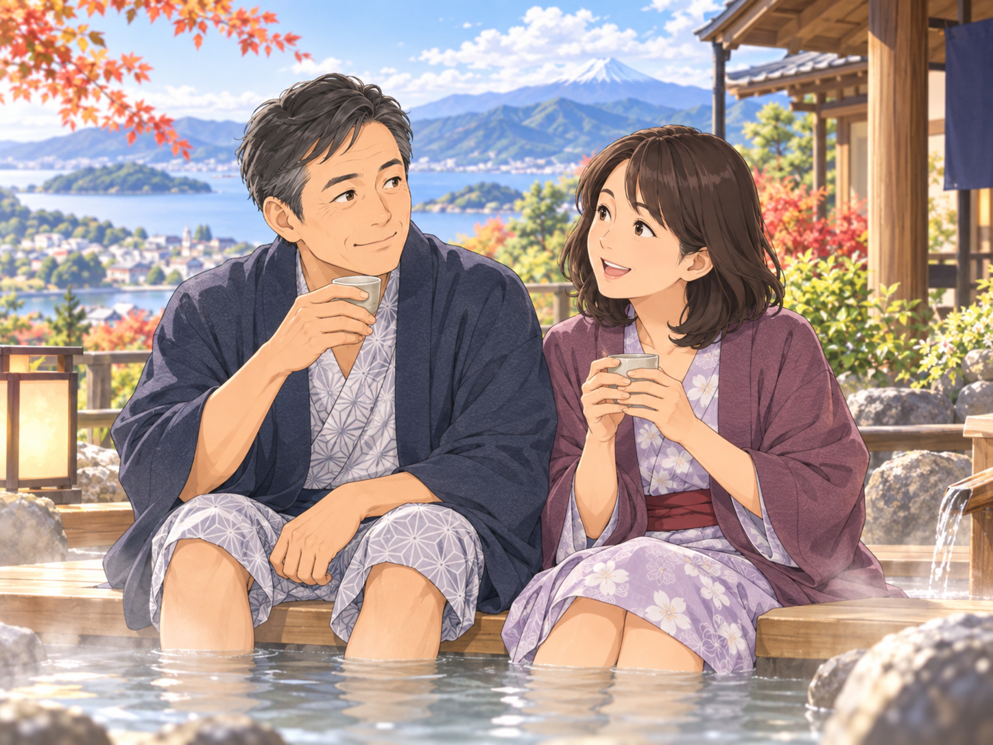 温泉旅行を楽しみながら穏やかな老後を過ごす夫婦