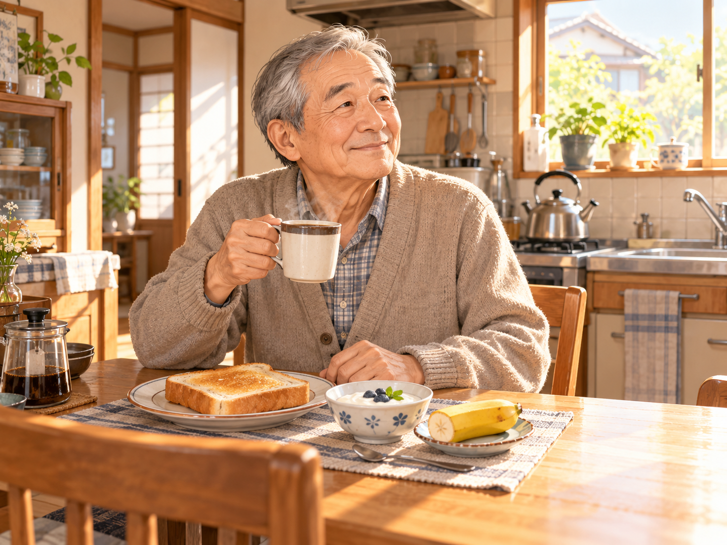 朝の台所で質素な朝食をとる72歳の佐藤さん