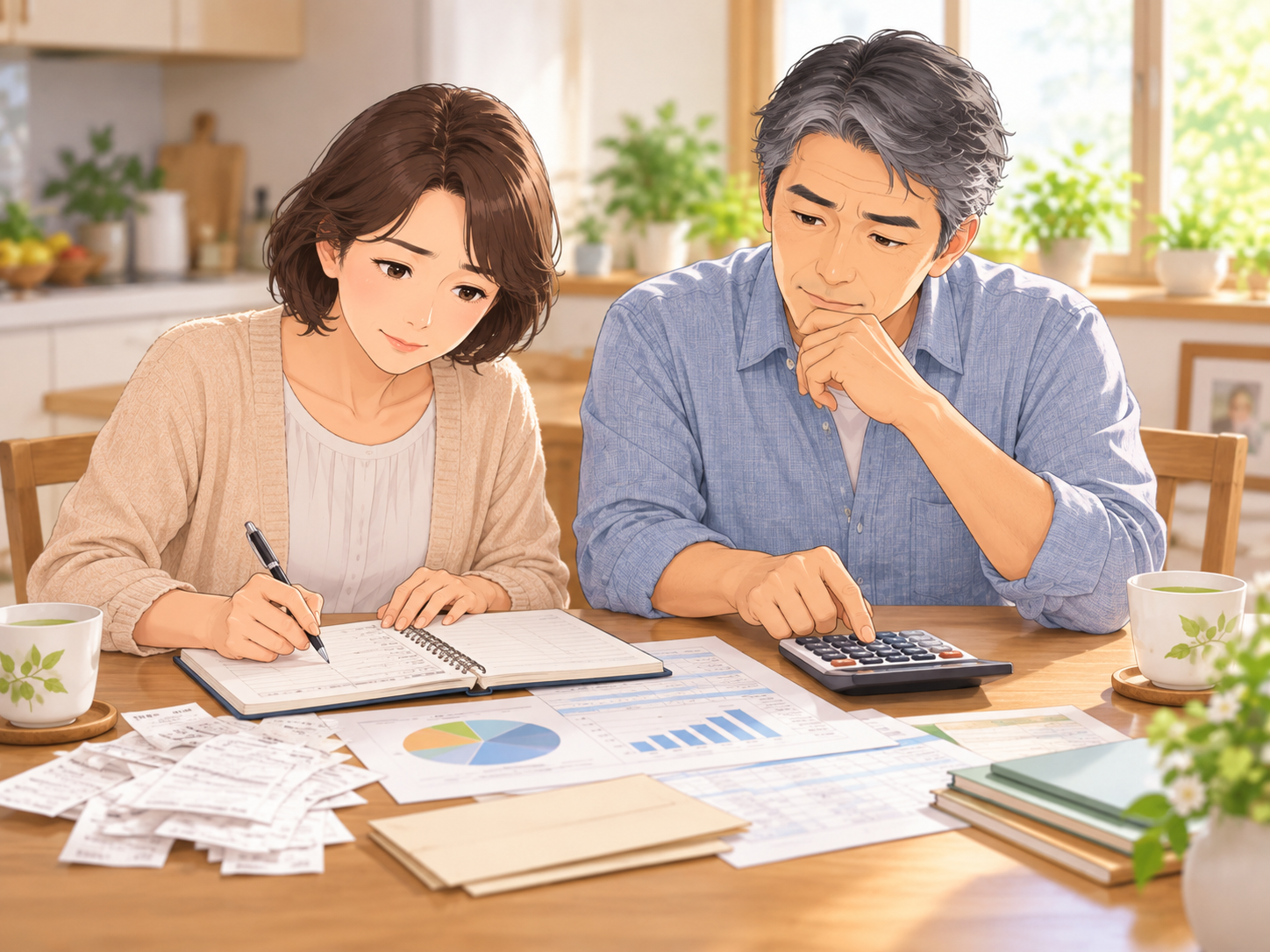 家計簿と電卓で老後生活費を計算する夫婦