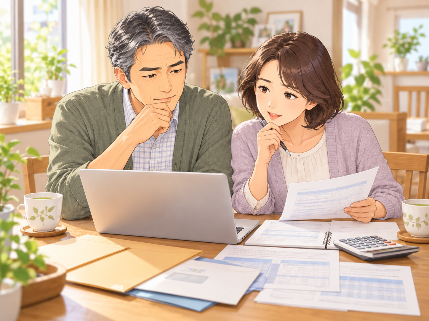 パソコンと書類で年金見込み額を確認する夫婦