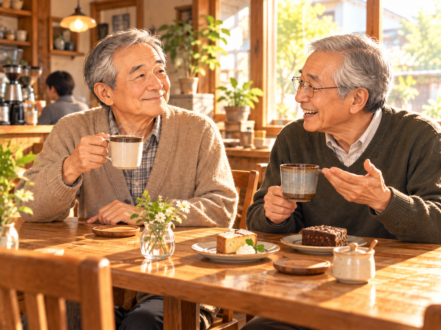 昔の同僚と喫茶店で談笑する佐藤さん