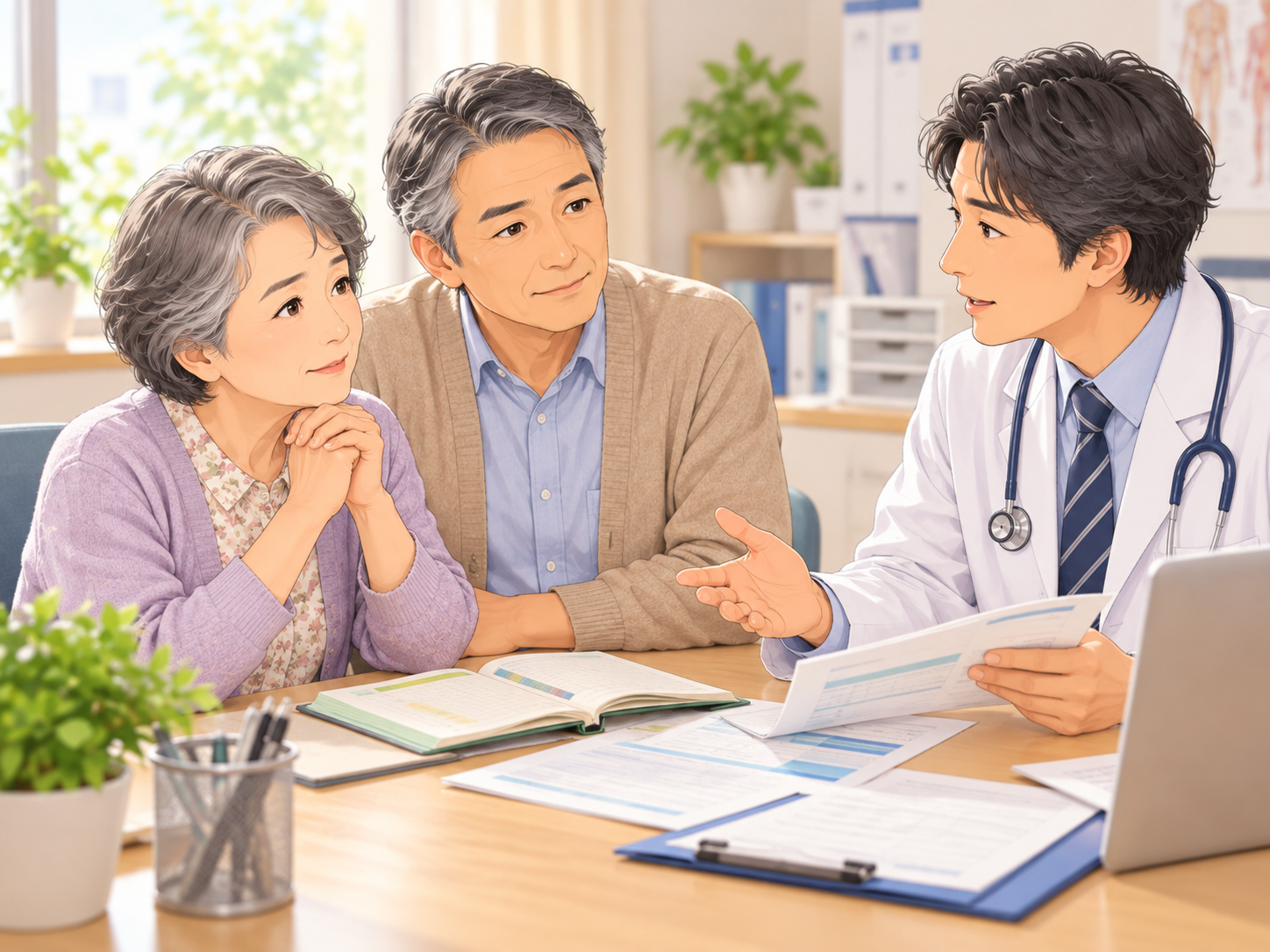 医療費や介護費について医師に相談する夫婦