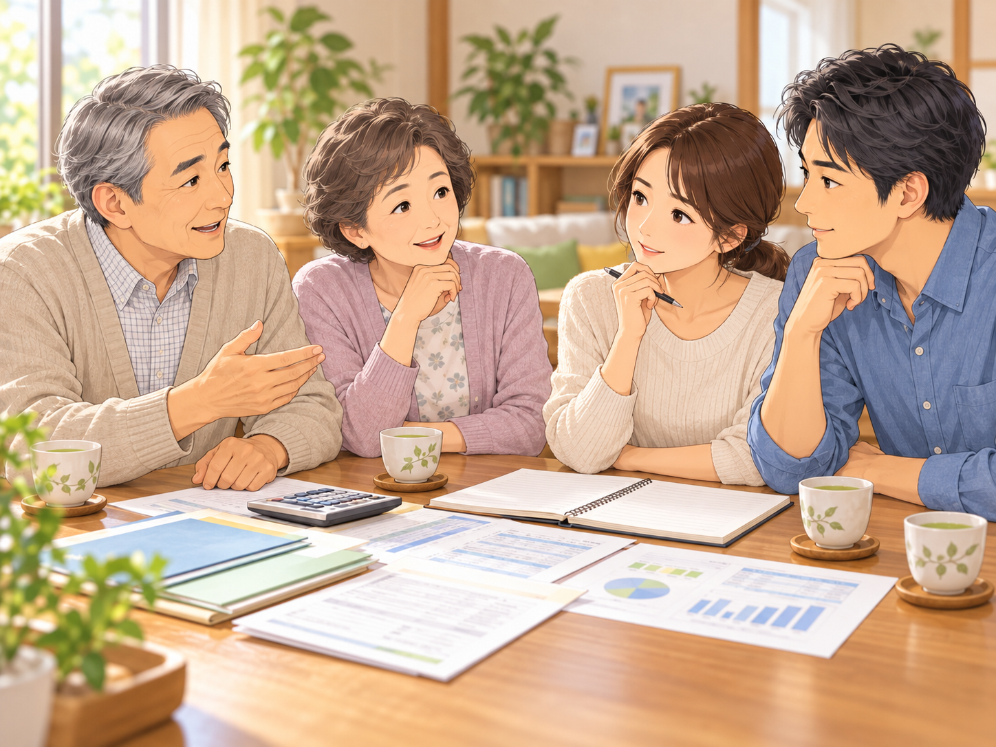 親世代と子ども世代が老後資金について話し合う家族