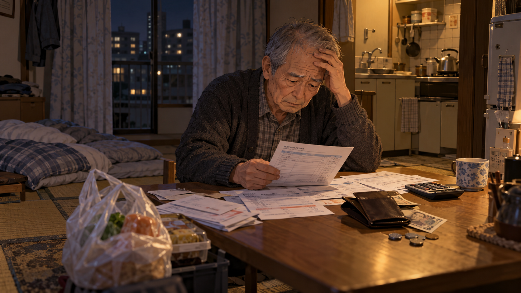 家賃や生活費の支払いに悩む高齢男性のイメージ