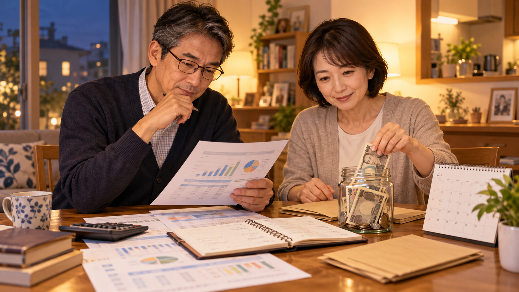 夫婦で少しずつ老後のお金を準備する温かな家庭のイメージ